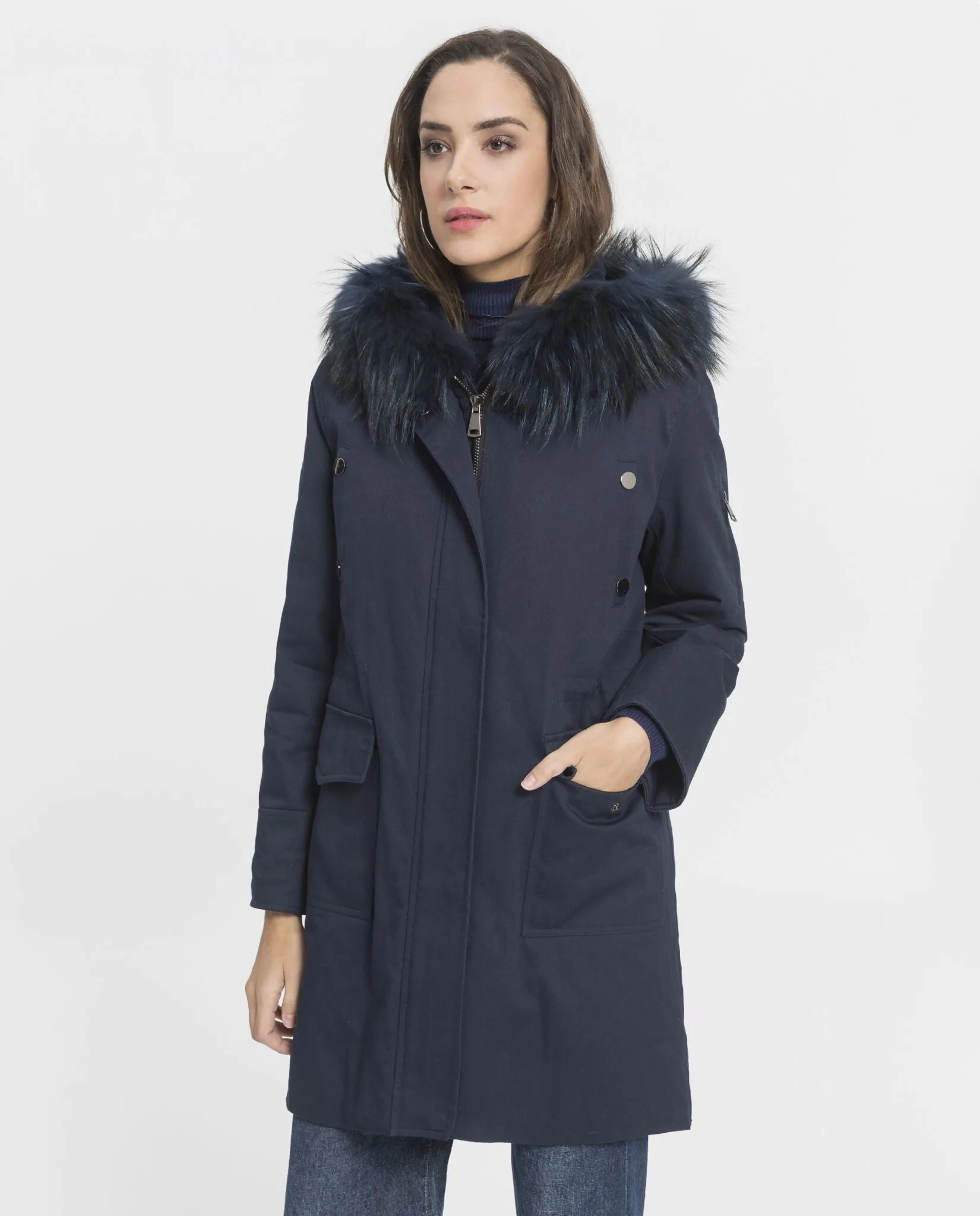 Parka azul con capucha de zorro para mujer