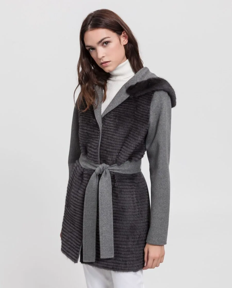 Abrigo de visón marrón Saga Furs y punto de lana reversible y con capucha marca Swarz