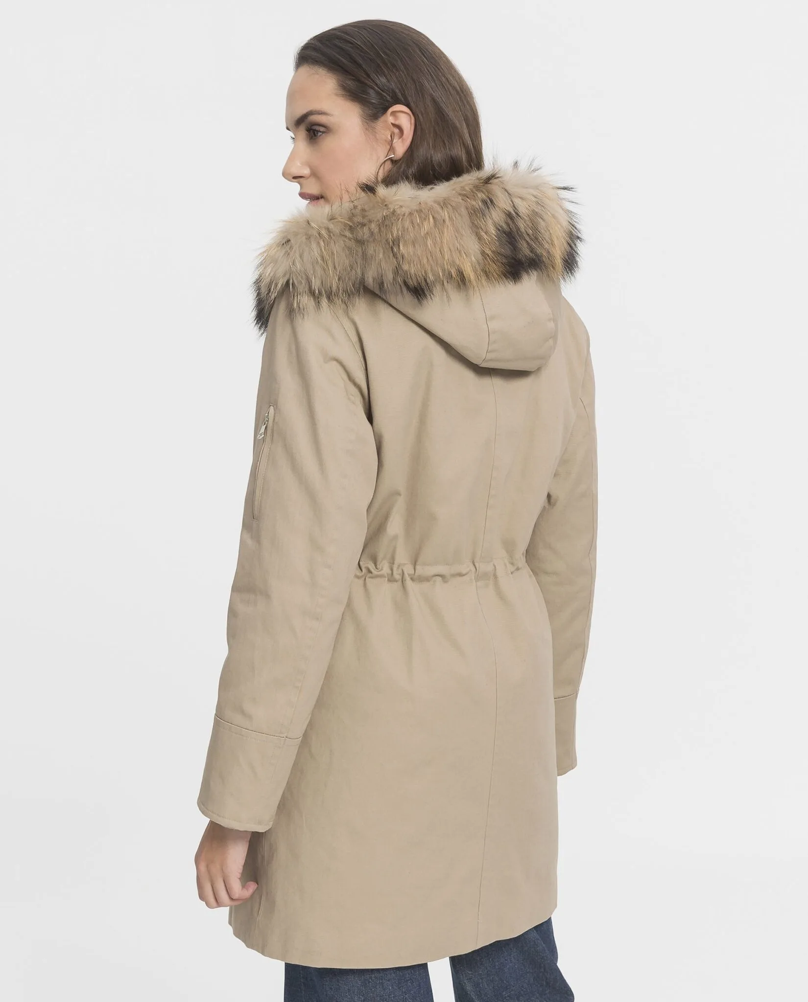 Parka de mujer Swarz beige con forro de conejo y capucha