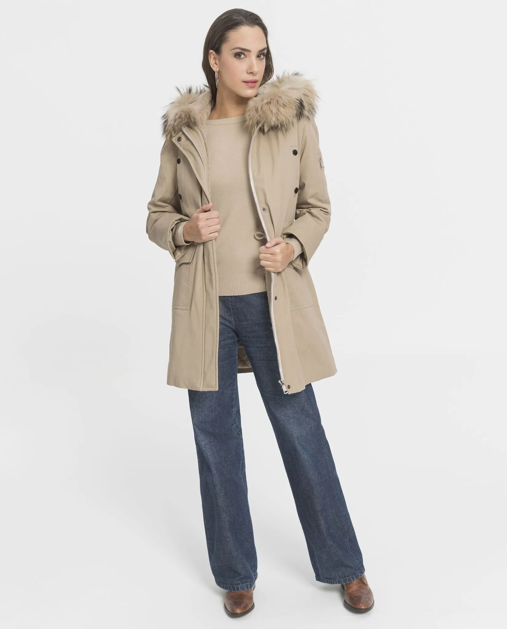 Parka de mujer Swarz beige con forro de conejo y capucha