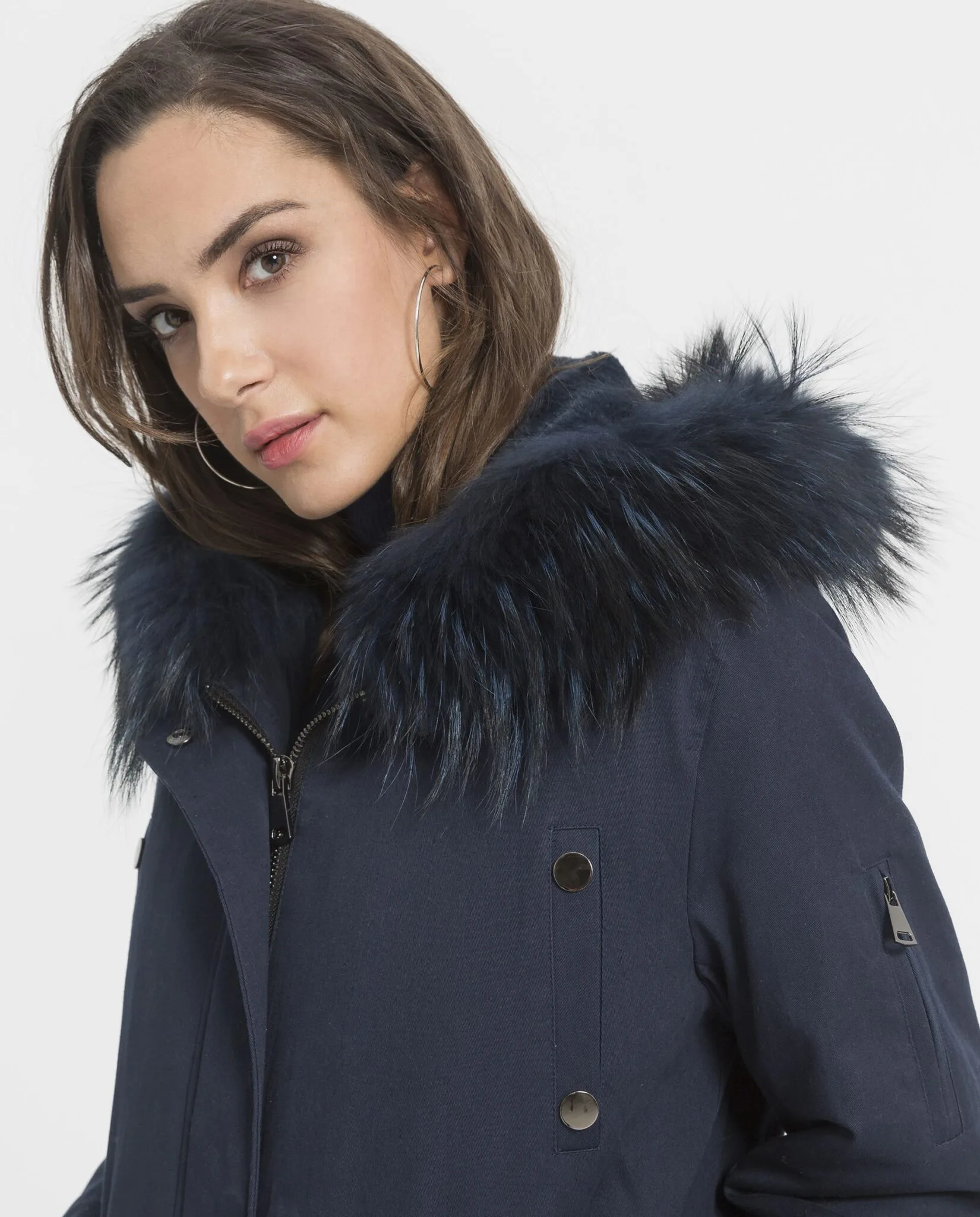 Parka de mujer Swarz azul con forro de conejo y capucha