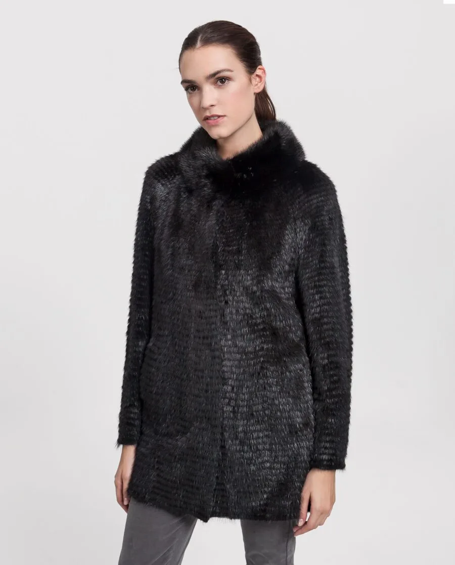 Abrigo de visón tireado negro con interior de lana reversible de mujer marca Saint Germain