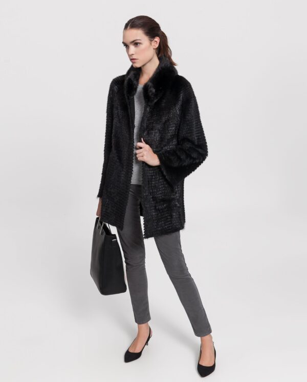 Abrigo de visón tireado negro con interior de lana reversible de mujer marca Saint Germain