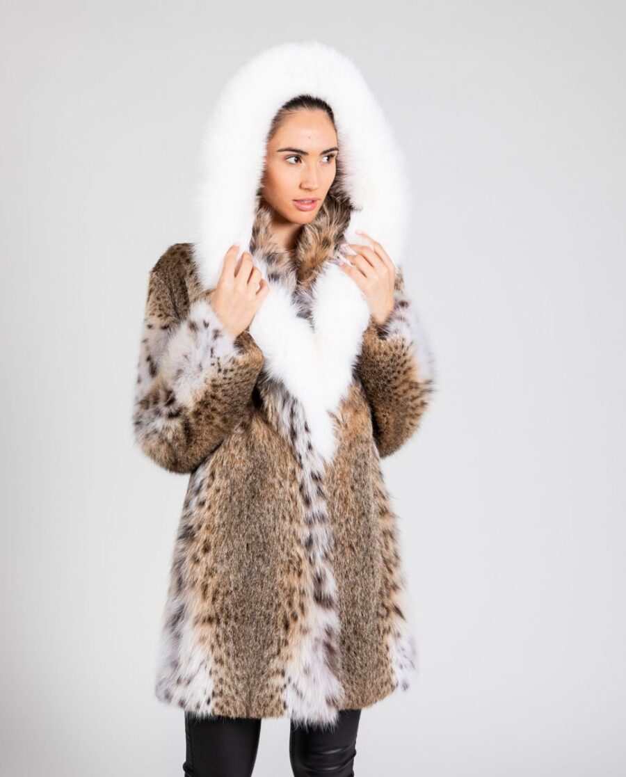 Abrigo de pelo de LinxCat (gato lince) natural para mujer con cierre de cremallera y capucha de pelo de zorro marca De la Roca