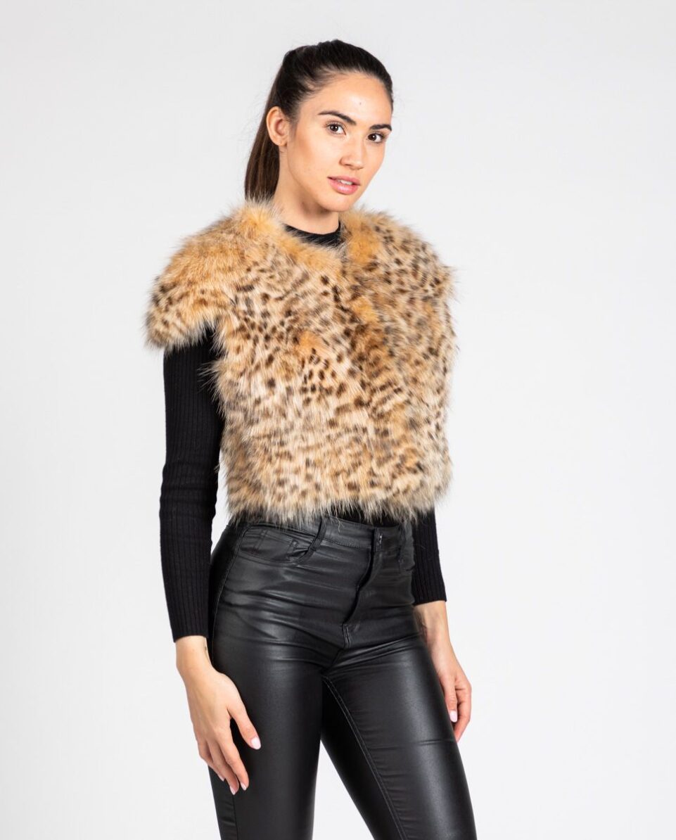 Chaleco de pelo de retal de zorro en color estampado a lince marca De la Roca