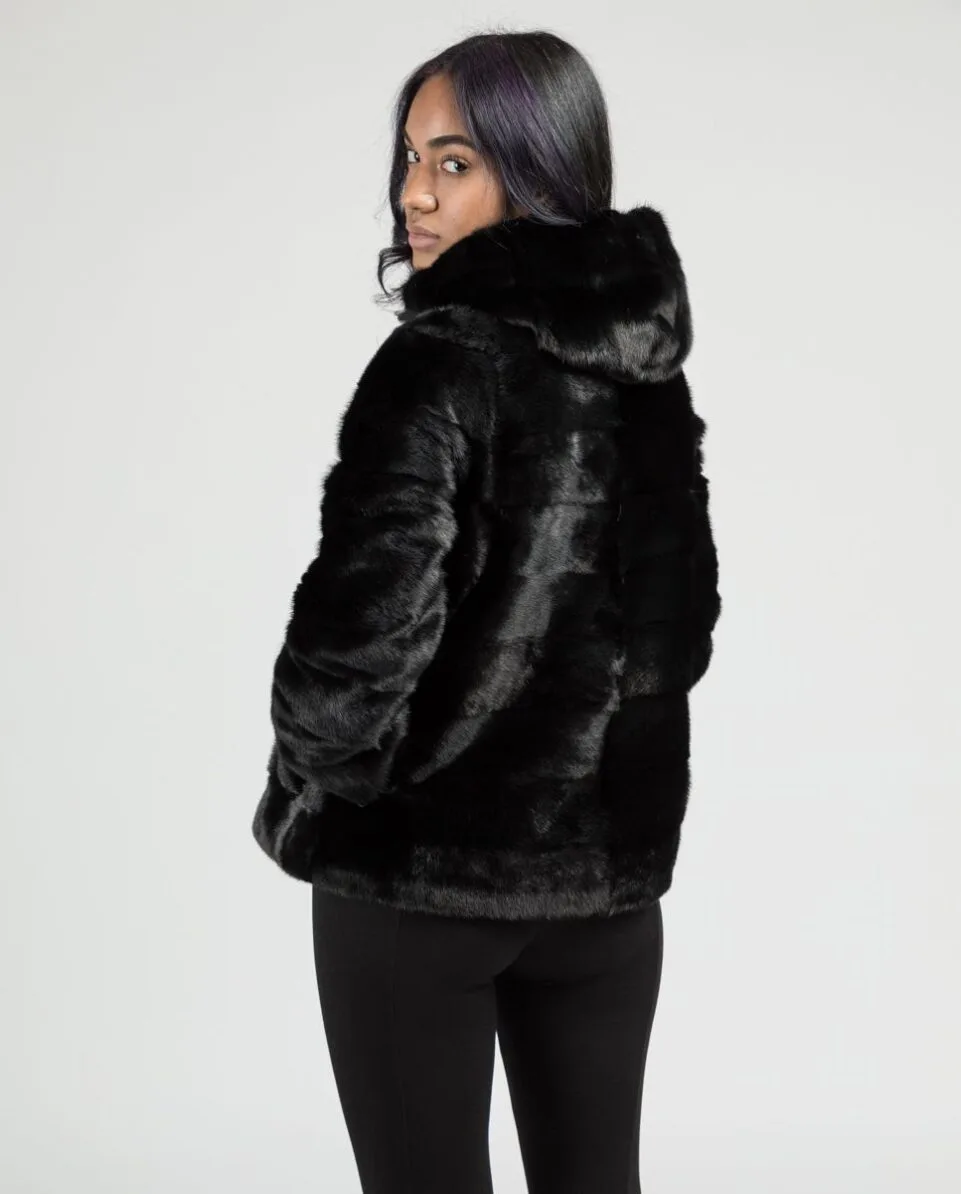 Chaqueta de pelo de visón en color negro con capucha al tono para mujer marca De la Roca espalda