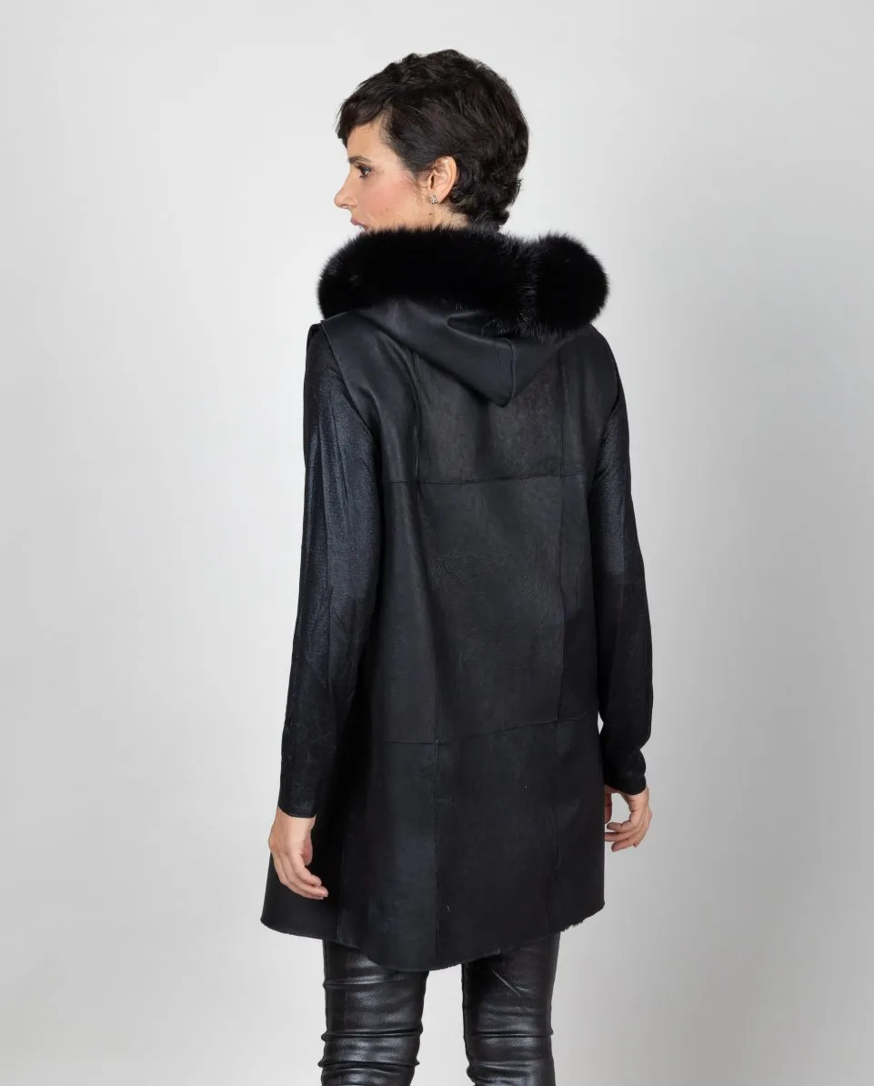 Chaleco largo de mujer de pelo de rex con capucha - Imagen 3