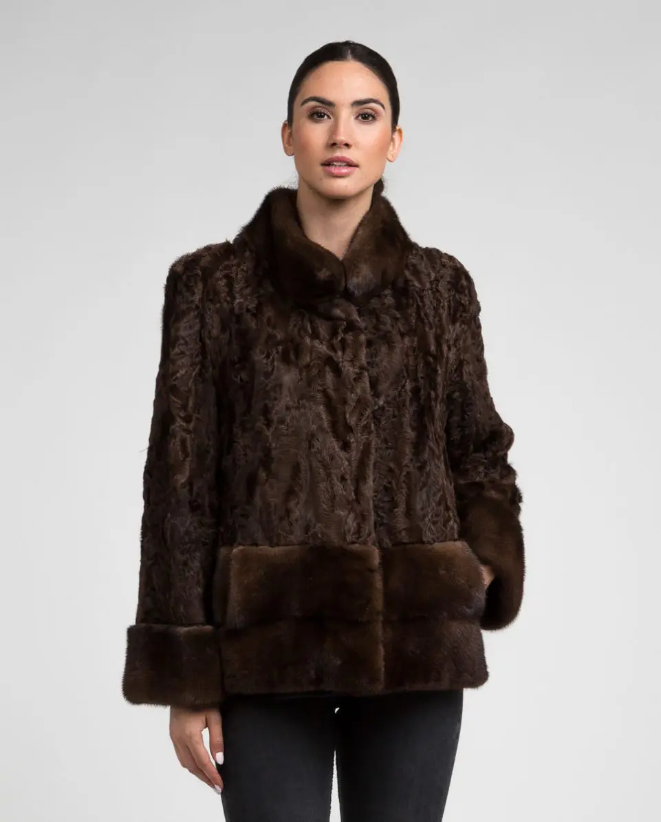 Chaqueta de pelo de mujer de tianjín y visón con cuello levantado