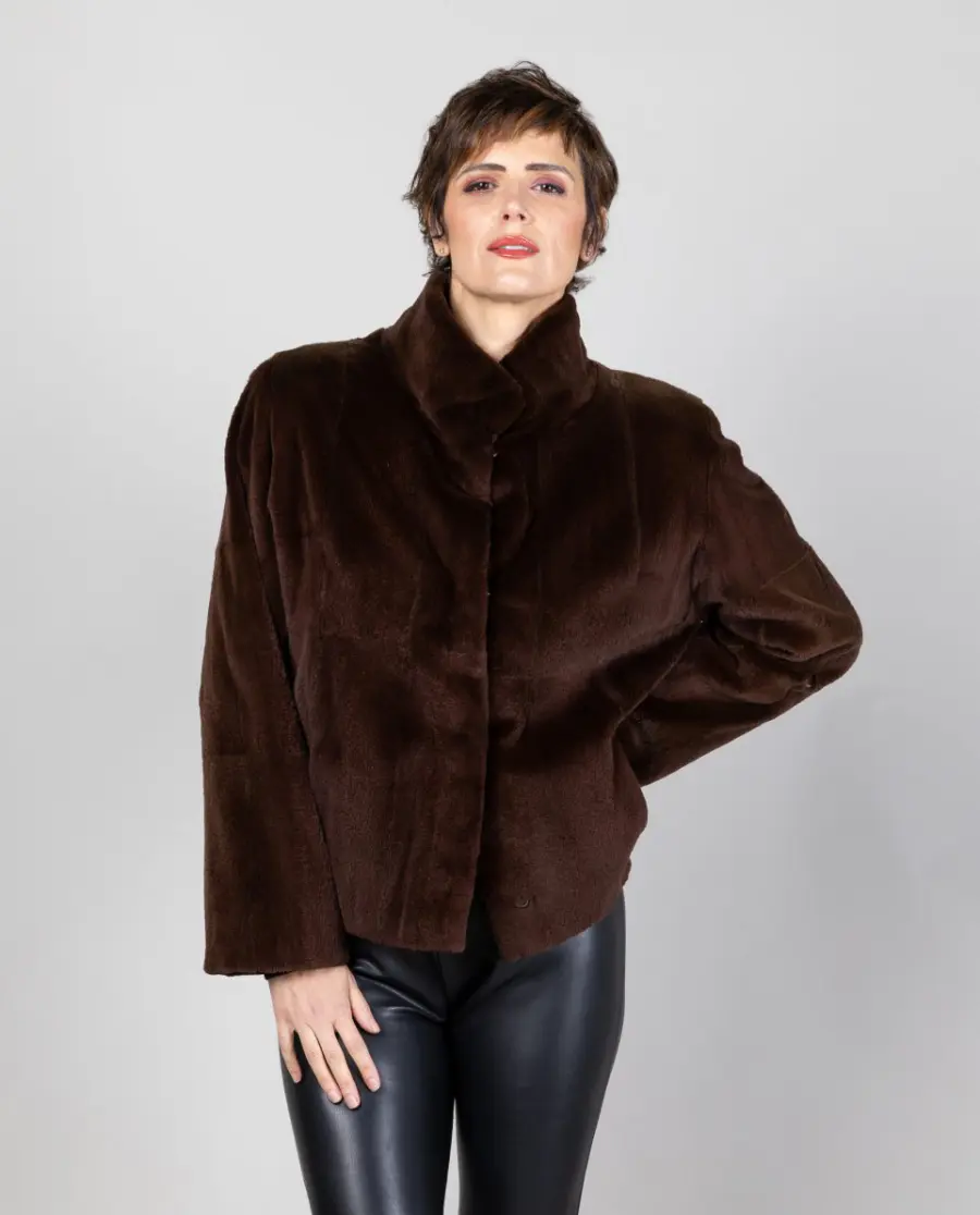 Chaqueta de mujer de pelo de visón rasado con cuello levantado