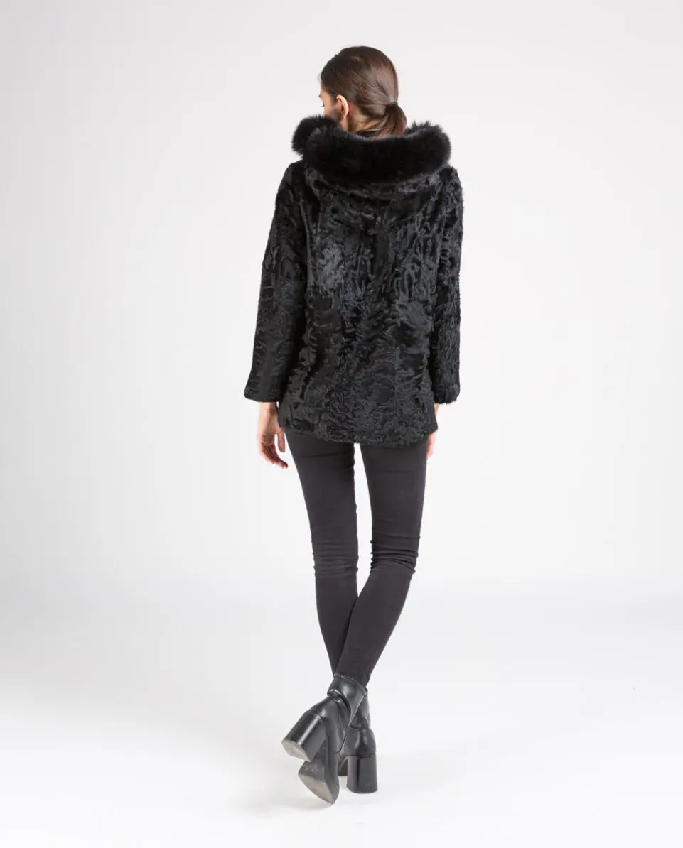 Chaqueta de pelo de mujer de cordero del Tíbet con capucha de zorro - Imagen 3