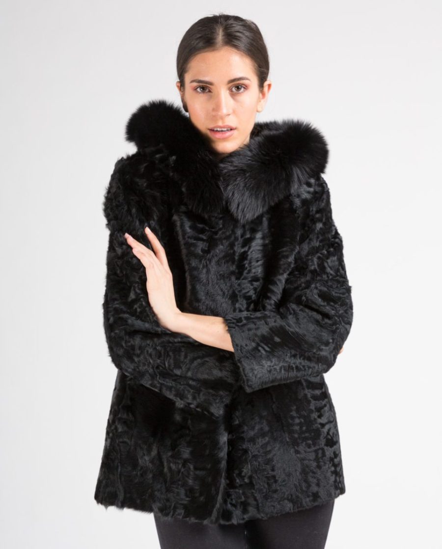 Chaqueta de pelo de mujer de cordero del Tíbet con capucha de zorro