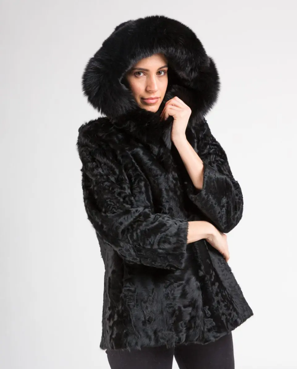 Chaqueta de pelo de mujer de cordero del Tíbet con capucha de zorro - Imagen 2