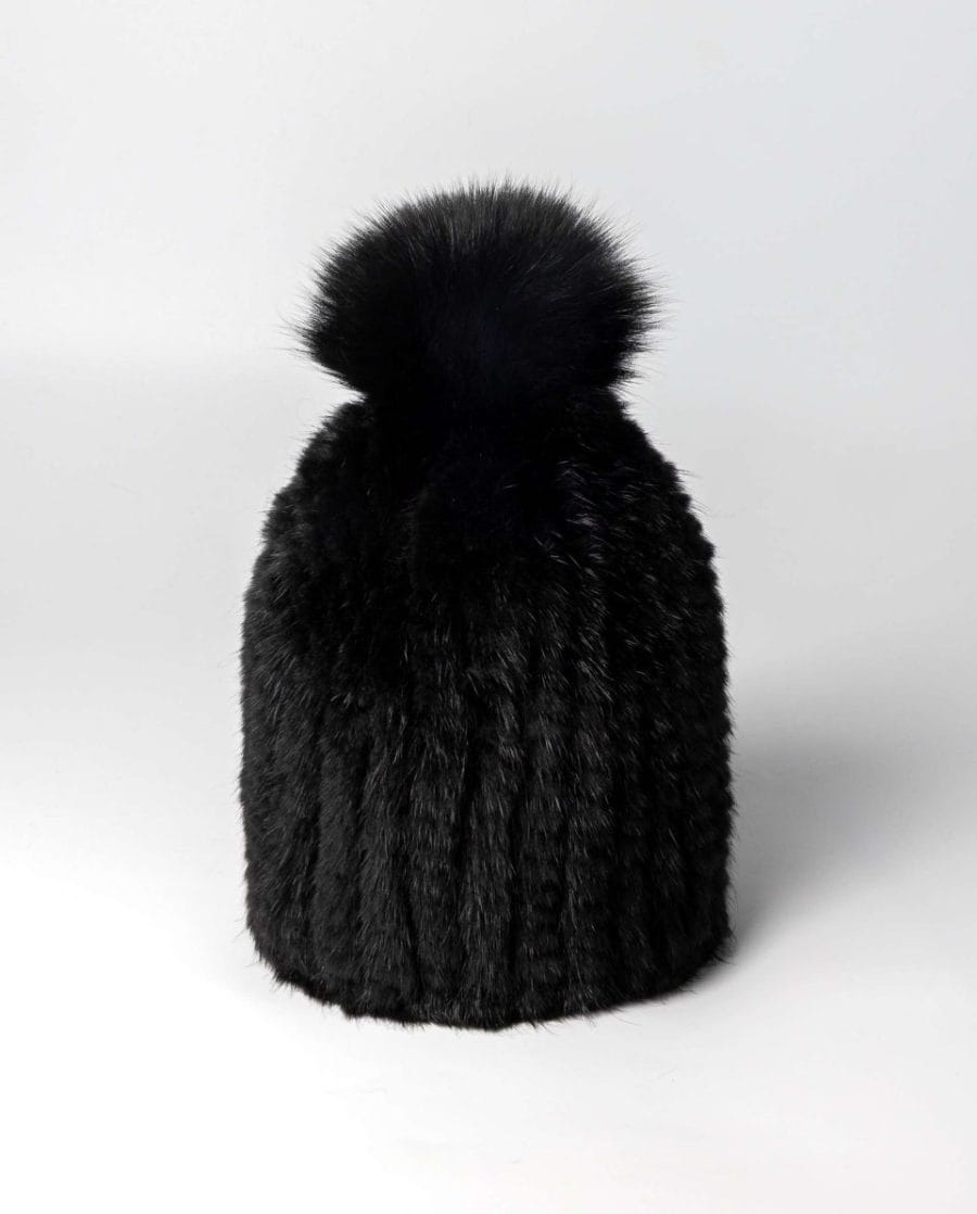 Gorro de pelo de visón y rex tricotado con pompón
