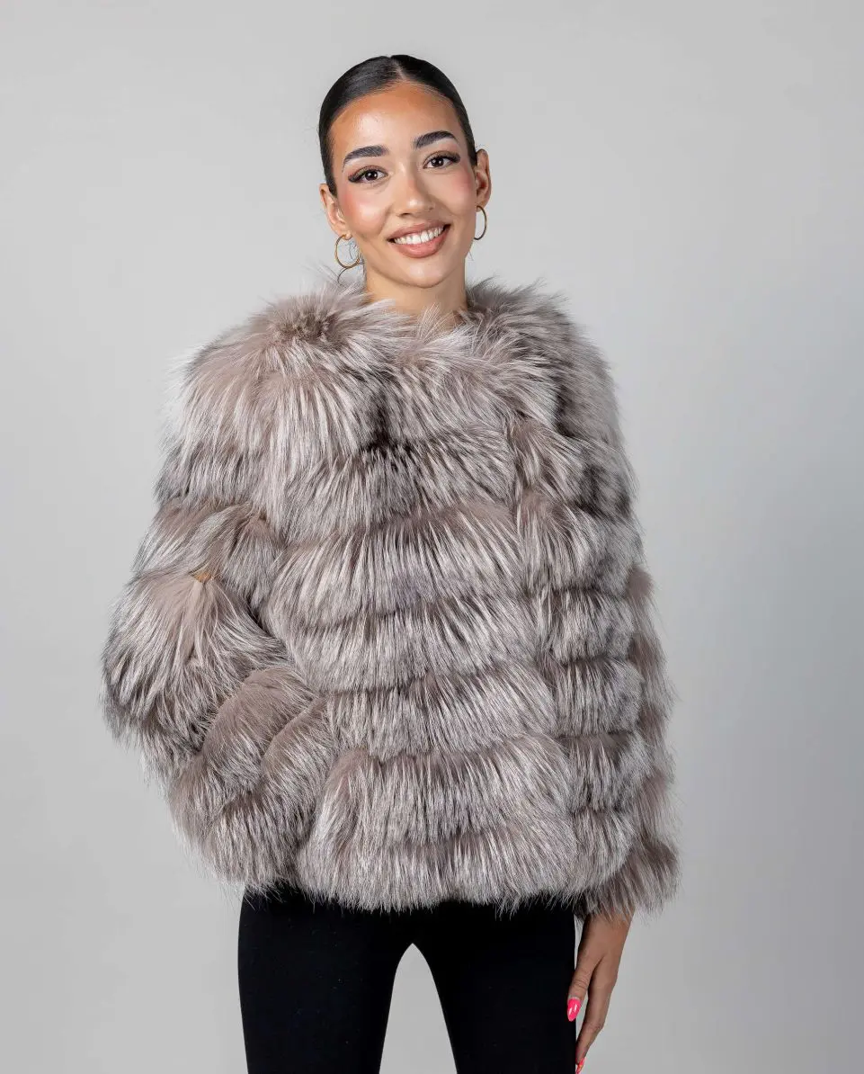Chaqueta de mujer de pelo de zorro y ante con cuello a la caja