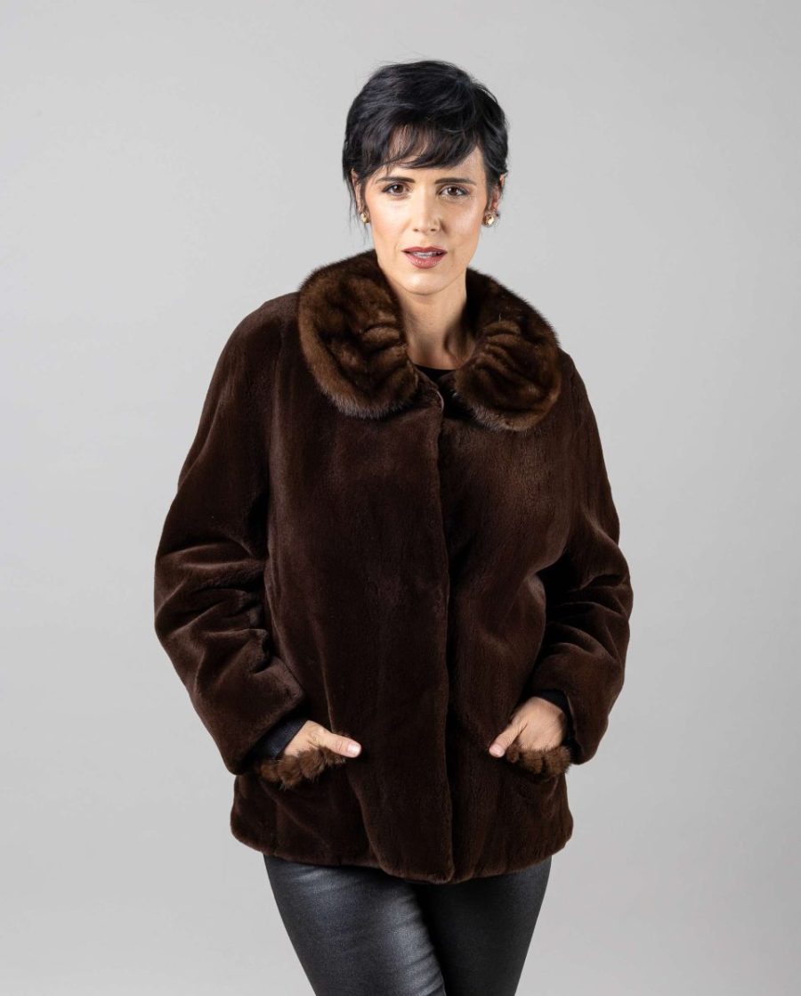 Chaqueta de mujer de pelo de visón rasado con bolsillos horizontales