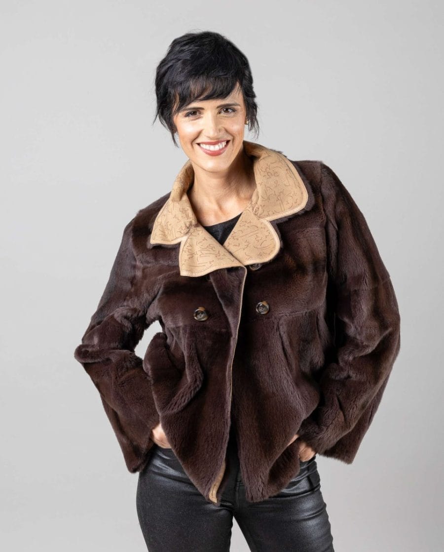 Chaqueta de mujer de pelo de visón despinzado reversible con cuello italiano
