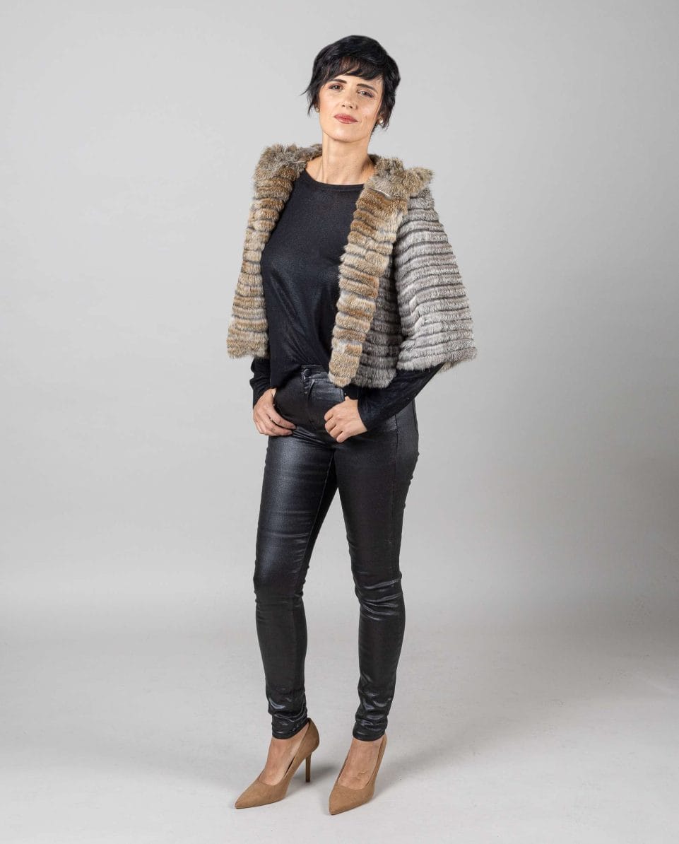 Chaqueta de mujer de pelo de rex chinchilla reversible con cuello mao - Imagen 4