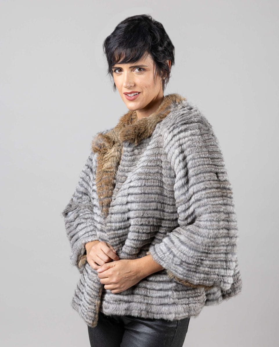 Chaqueta de mujer de pelo de rex chinchilla reversible con cuello mao - Imagen 3