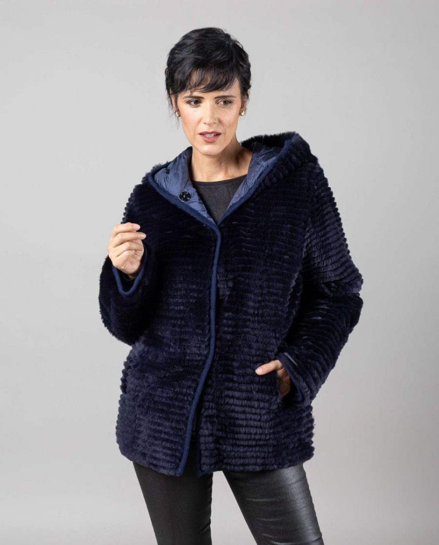 Chaqueta de mujer de pelo de rex reversible con capucha