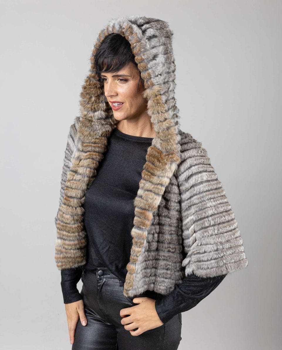 Bolero de mujer de pelo de rex chinchilla reversible con capucha - Imagen 3