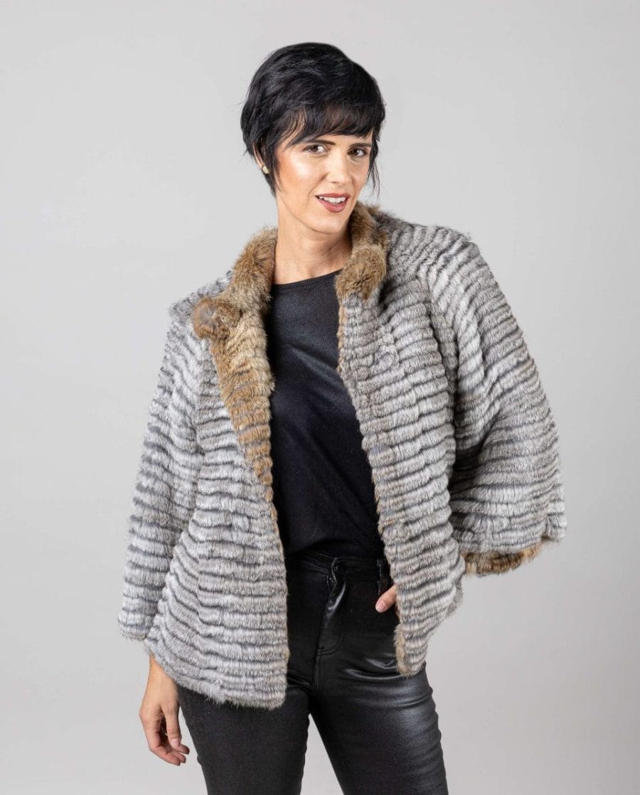 Chaqueta de mujer de pelo de rex chinchilla reversible con cuello mao